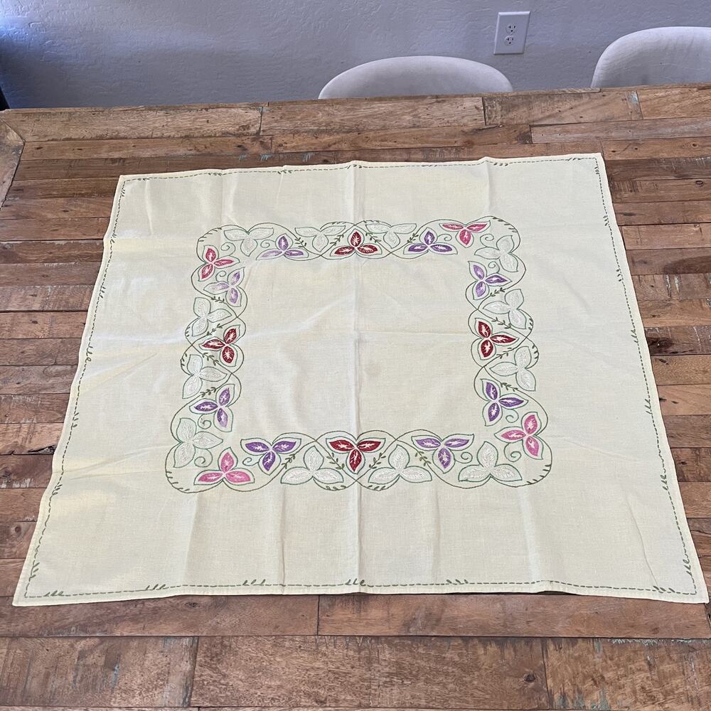 Hand-Embroidered Linen Kitchen Towel 29 x 33 in Yellow w/ Multicolor Floral